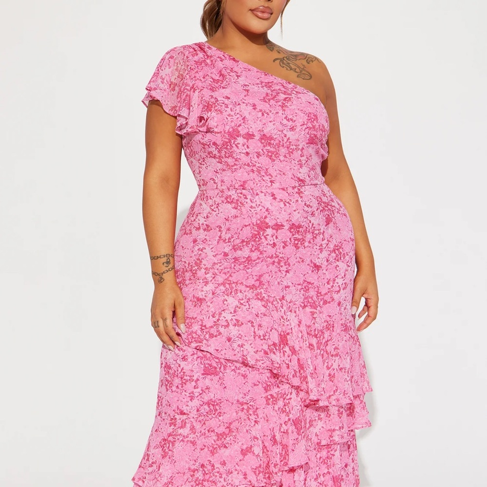 Fashion Nova One-Shoulder Pink Floral Ruffle Dress